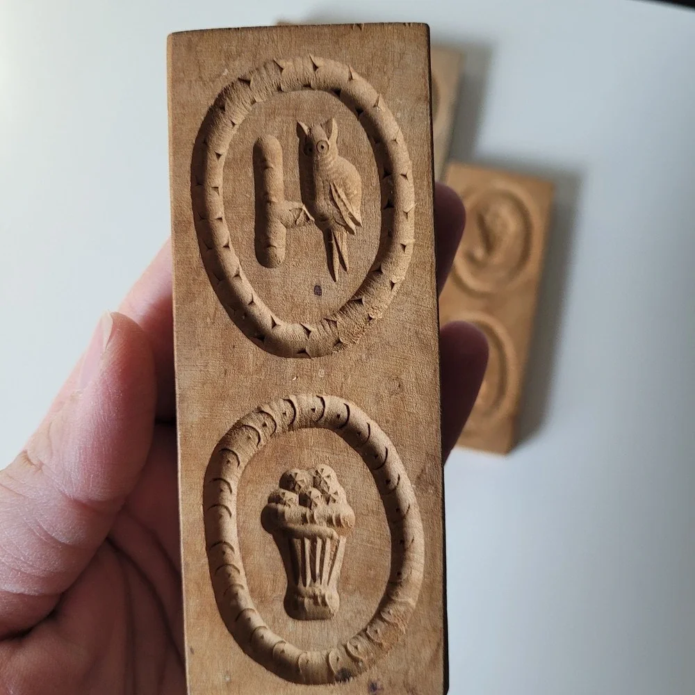 Antique Wooden Springerle Cookie Molds Set of 4 Hand Carved Owl, Rabbit, Hearts